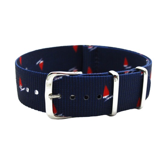 HNS Double Graphic Printed Sailboat Navy BG Nylon Watch Strap Polished Buckle