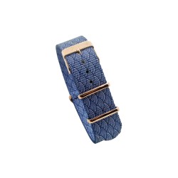 HNS Double Graphic Printed Indigo Sashiko Waves Blue BG Heavy Duty Ballistic Nylon Watch Strap With Rose Gold Buckle