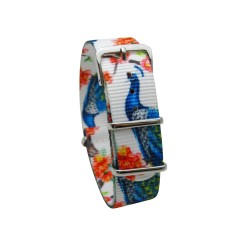 HNS Double Graphic Printed Peacock Heavy Duty Ballistic Nylon Watch Strap With Polished Stainless Steel Buckle