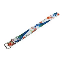 HNS Double Graphic Printed Peacock Heavy Duty Ballistic Nylon Watch Strap With Polished Stainless Steel Buckle
