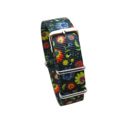 HNS Double Graphic Printed Flowers Ballistic Nylon Watch Strap With Polished Stainless Steel Buckle