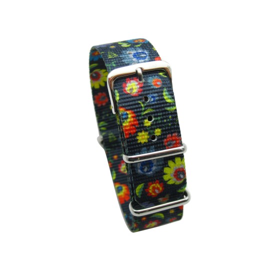 HNS Double Graphic Printed Flowers Ballistic Nylon Watch Strap With Polished Stainless Steel Buckle