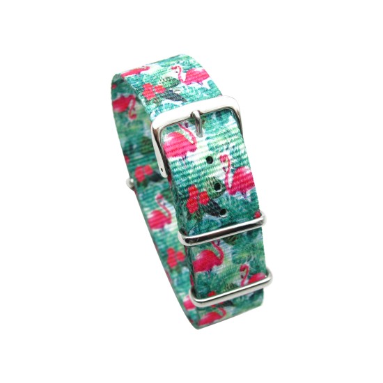 HNS Double Graphic Printed Flamingo Green Ballistic Nylon Watch Strap With Polished Stainless Steel Buckle