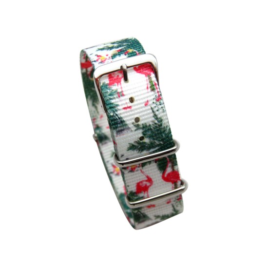 HNS Double Graphic Printed Flamingo White Ballistic Nylon Watch Strap With Polished Stainless Steel Buckle