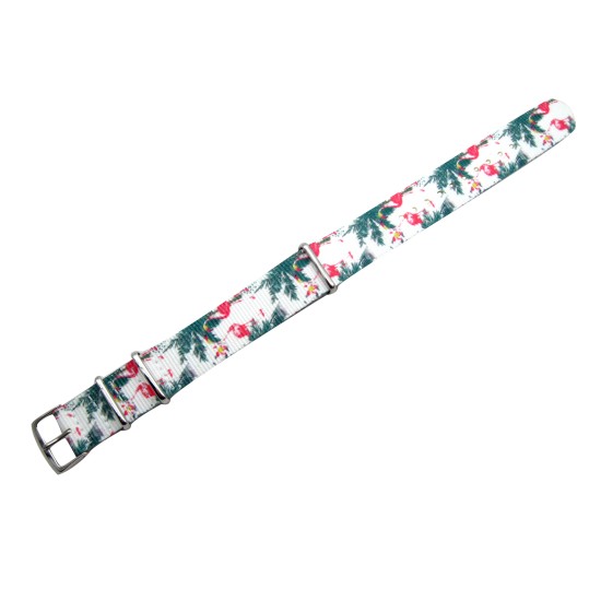 HNS Double Graphic Printed Flamingo White Ballistic Nylon Watch Strap With Polished Stainless Steel Buckle