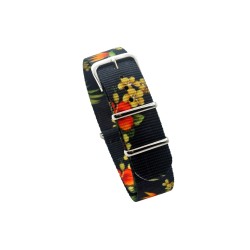 HNS Double Graphic Printed Flowers Black BG Ballistic Nylon Watch Strap With Polished Stainless Steel Buckle