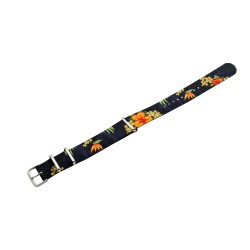 HNS Double Graphic Printed Flowers Black BG Ballistic Nylon Watch Strap With Polished Stainless Steel Buckle