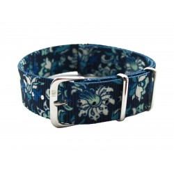 HNS Double Graphic Printed White Flower Blue BG Ballistic Nylon Watch Strap With Polished Stainless Steel Buckle