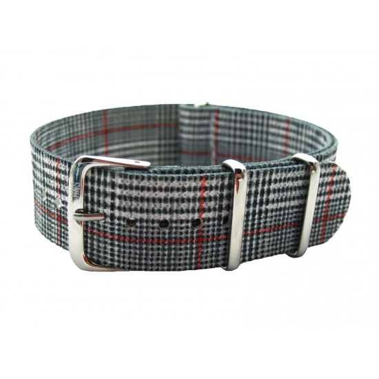 HNS Double Graphic Printed Grey Grid Ballistic Nylon Watch Strap With Polished Stainless Steel Buckle