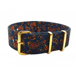 HNS Double Graphic Printed Vintage Navy Paisley Pattern Heavy Duty Ballistic Nylon Watch Strap Gold Polished Stainless Steel Buckle