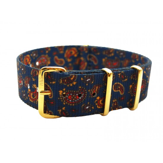 HNS Double Graphic Printed Vintage Navy Paisley Pattern Heavy Duty Ballistic Nylon Watch Strap Gold Polished Stainless Steel Buckle
