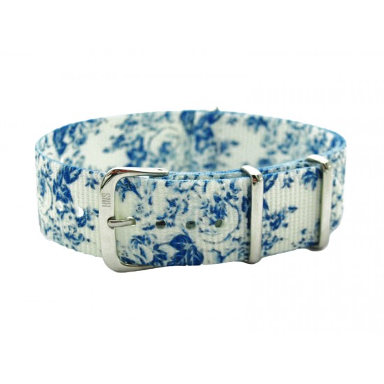 HNS Double Graphic Printed Blue Flowers White BG Ballistic Nylon Watch Strap With Polished Stainless Steel Buckle