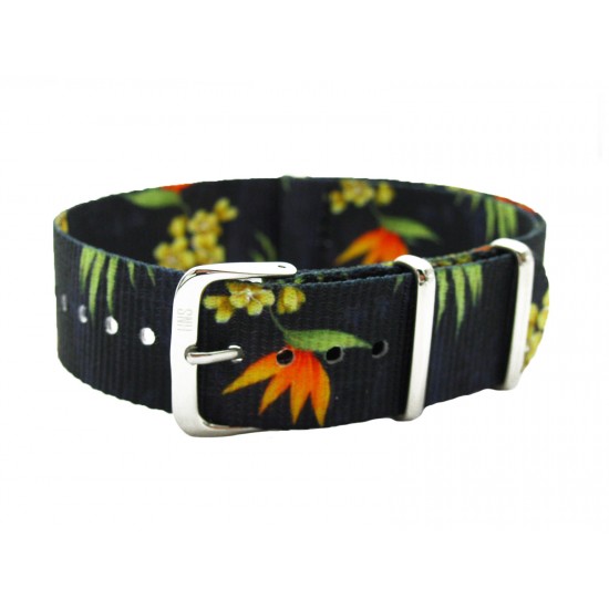 HNS Double Graphic Printed Flowers Black BG Ballistic Nylon Watch Strap With Polished Stainless Steel Buckle