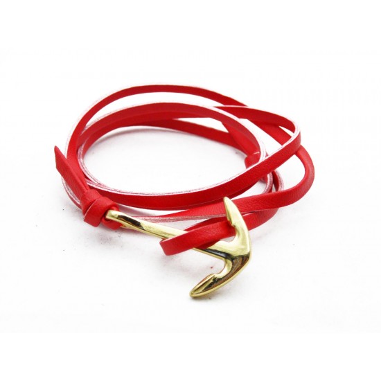 Red leather Paracord style Golden Anchors Bracelet