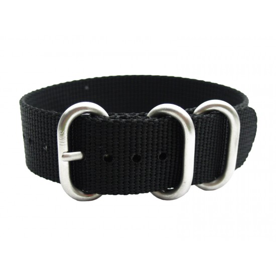 HNS Black Heavy Duty Ballistic Nylon Watch Strap with 3 Brushed Stainless Steel Rings