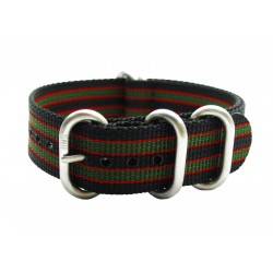HNS Black Green Red Stripe Heavy Duty Ballistic Nylon Watch Strap with 5 Brushed Stainless Steel Rings