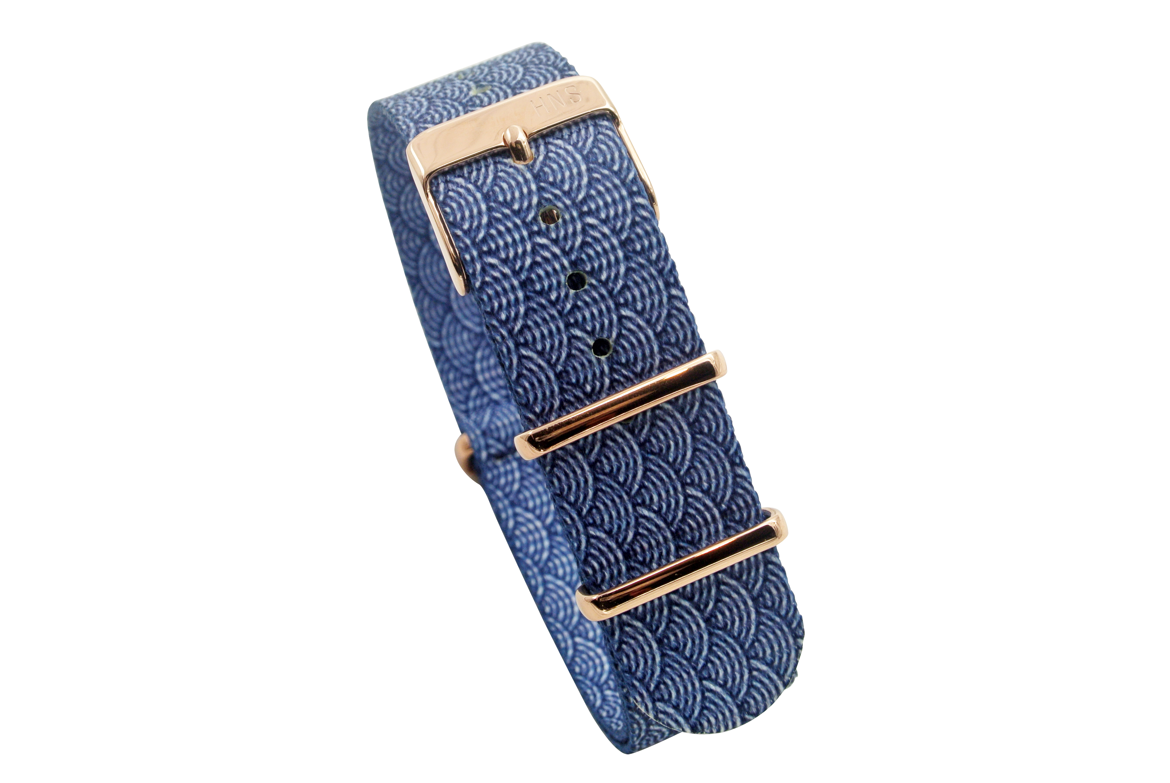 HNS Double Graphic Printed Indigo Sashiko Waves Blue BG Heavy Duty Ballistic Nylon Watch Strap With Rose Gold Buckle