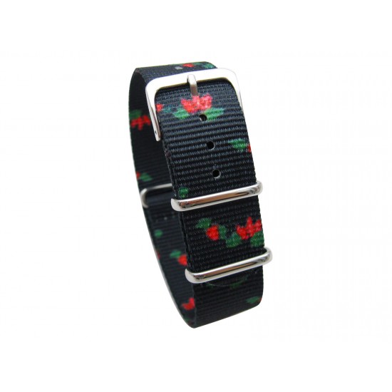 HNS Double Graphic Printed Lotus Heavy Duty Ballistic Nylon Watch Strap With Polished Stainless Steel Buckle